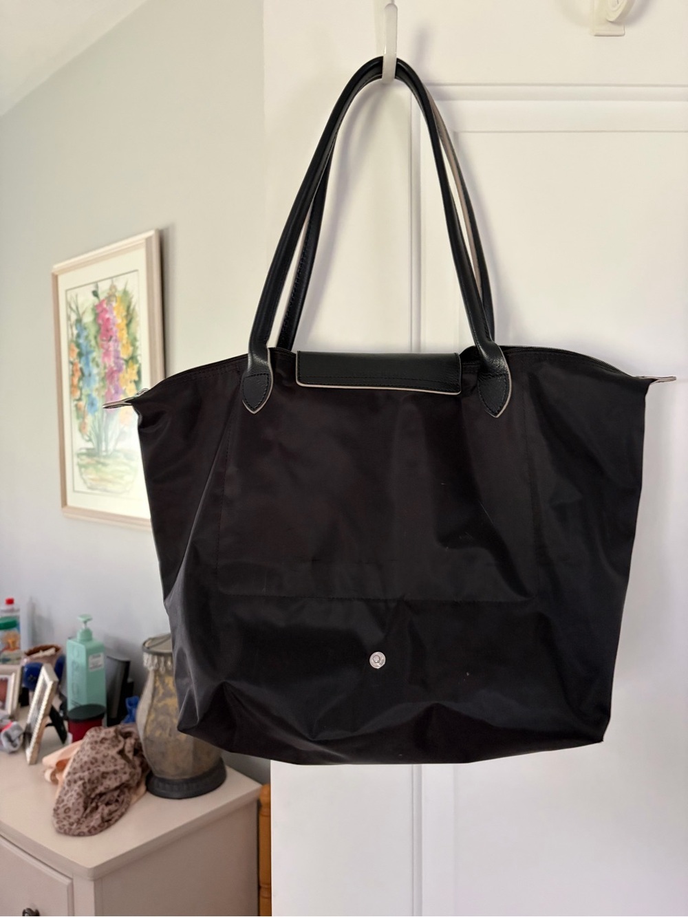 Black Nylon Tote with Leather Trim and Top Flap - Picture 2 of 4